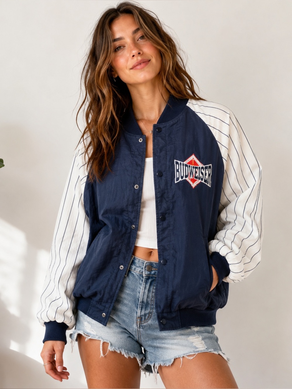Vintage USA Budweiser Sports Jacket Men/Women Bomber Pinstripe Varsity